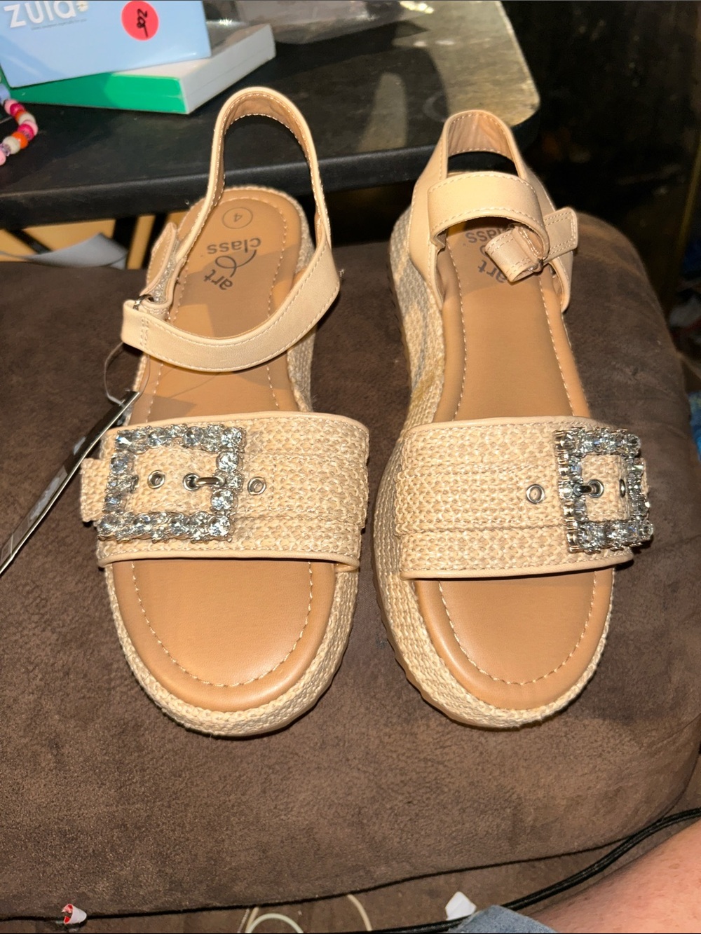 Art class girls Woven Beige Platform Sandals with Rhinestone Buckle